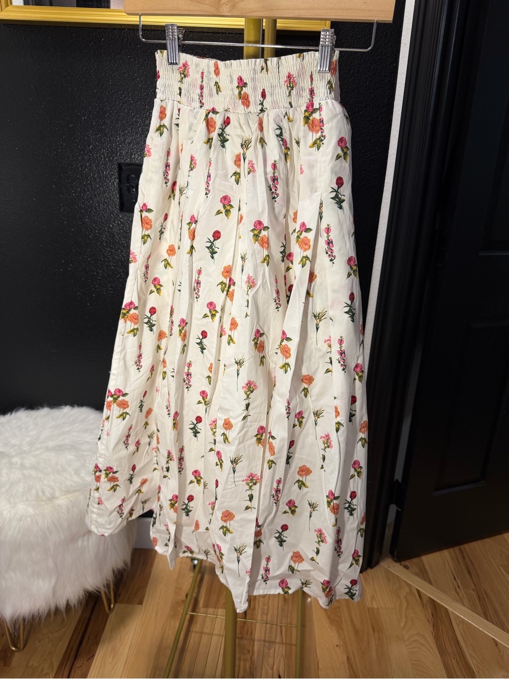 White Floral Smocked Maxi Skirt with Pink & Orange Blooms
